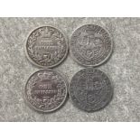 Total of 4 Victoria silver shilling coins dated 1868, 1878, 1897 & 1898