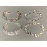 Four silver bracelets, two hear design 72g