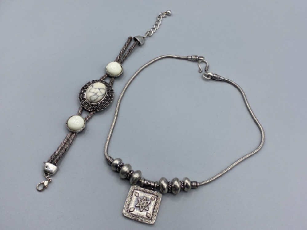 silver 925 necklace & bracelet with white stones, 98.1g gross total weight