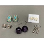 5 x pairs of silver earrings to include large amethyst drop earrings and an enamel pair