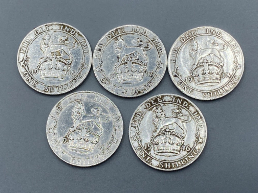 5x George V silver shillings dated 1914, 1915, 1916, 1917, 1918