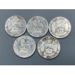 5x George V silver shillings dated 1914, 1915, 1916, 1917, 1918