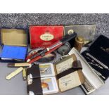 Box lot containing miscellaneous collector’s items including vintage playing cards, fishing reel,