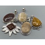 Total of 5 gemstone pendants includes silver red Jasper, 2x striped onyx, landscape Jasper etc