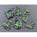 Total of 7 abalone pendants (various shapes & sizes) - 5x 18k gold plated mounts & 2x 925 silver