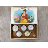 Vintage Marcella Cigar box containing a total of 5 Military grade pocket stop watches
