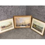 Three colour prints depicting coaching scenes and HMS Trincomalee