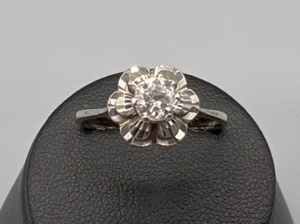 Ladies hallmarked 9ct white gold diamond solitaire ring. Featuring a round brilliant cut diamond
