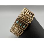 Ladies 9ct gold hallmarked ornate turquoise and Pearl gate style bracelet. Featuring plain stars and