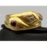 Antique 18ct gold diamond and garnet double snake ring. Hallmarked London 1898 size T 6.4g