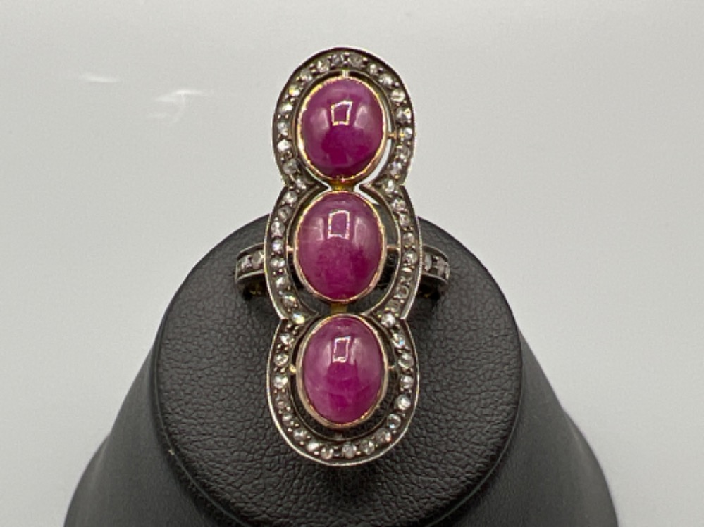 Antique 15ct gold 3 x oval ruby cabochons and diamond with silver top setting. Vgc size M 5.9g