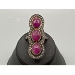 Antique 15ct gold 3 x oval ruby cabochons and diamond with silver top setting. Vgc size M 5.9g