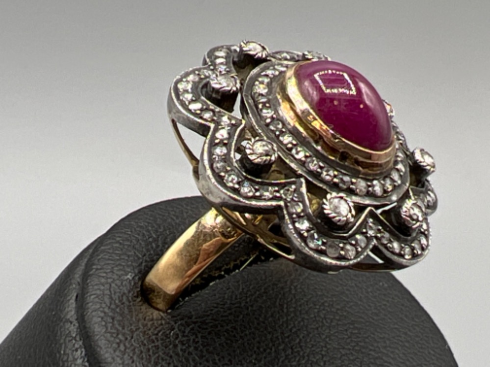Antique 15ct gold ruby cabochons and diamond with silver top setting. Vgc size M 6.2g - Image 2 of 3