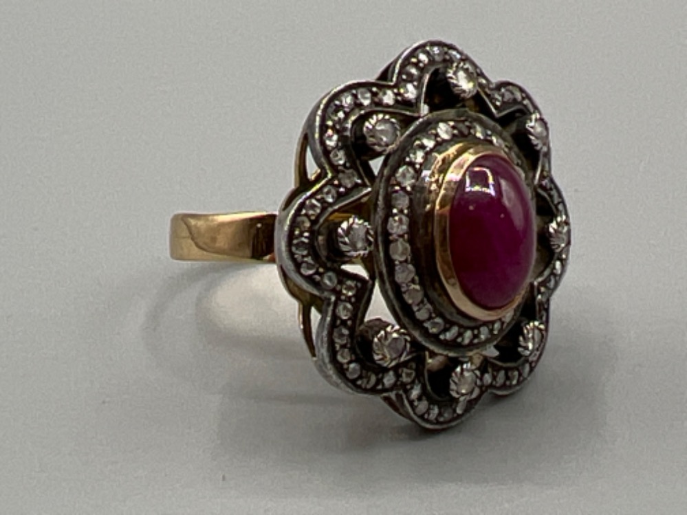 Antique 15ct gold ruby cabochons and diamond with silver top setting. Vgc size M 6.2g - Image 3 of 3