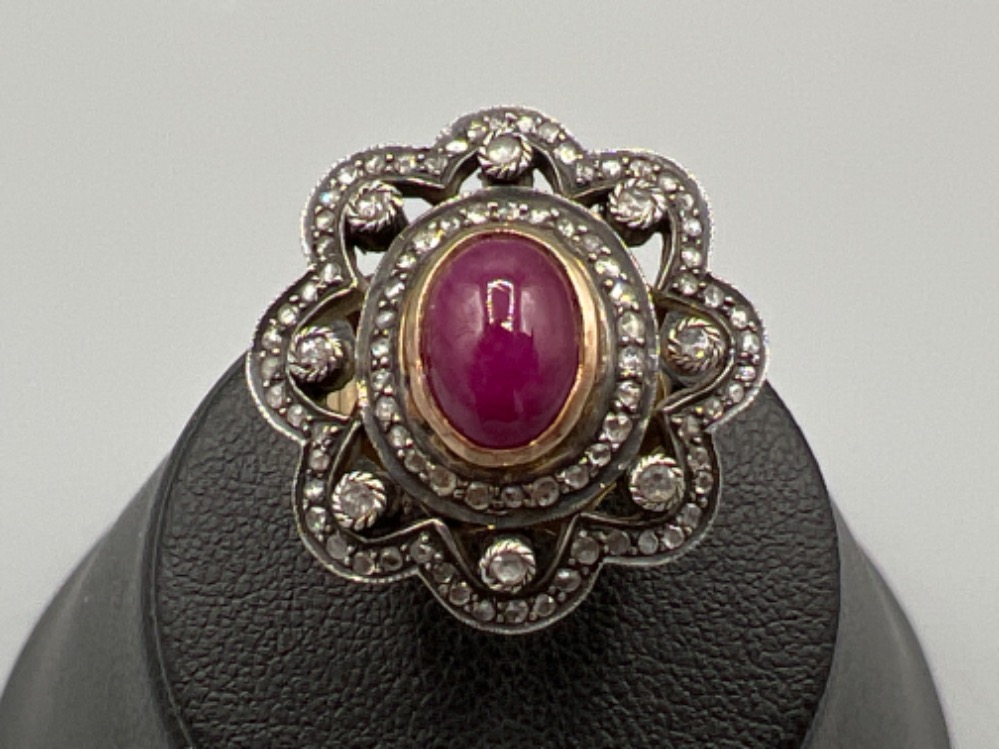 Antique 15ct gold ruby cabochons and diamond with silver top setting. Vgc size M 6.2g