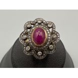 Antique 15ct gold ruby cabochons and diamond with silver top setting. Vgc size M 6.2g