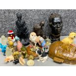 Tray of pottery & resin figurines including pottery wall mask, coal miner African bust etc