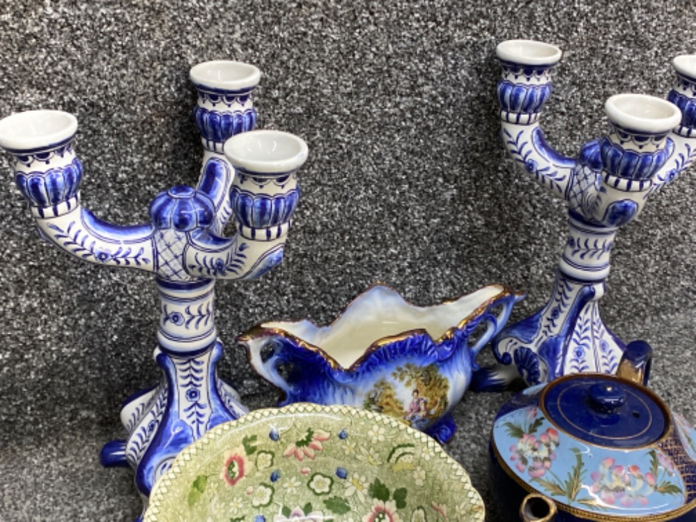 Delft style pair of Portuguese pottery candelabra’s also includes teapot, bowls etc - Image 2 of 2