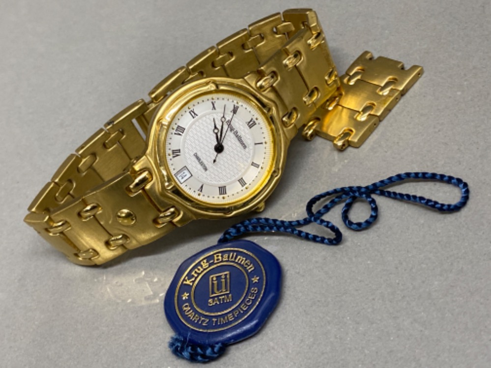 Krug-Baumen Charleston calendar wristwatch with white dial, gold coloured strap & original box - Image 2 of 3