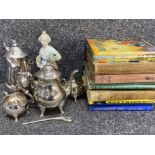 Silver plated 4 piece set together with vintage children's annuals & Spanish lady figure