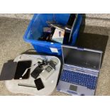 Box of miscellaneous electric items includes Advent 6521 laptop, cameras etc