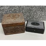 Heavy carved table cigarette box together with vintage griffin & Tatlock Bakelite box with metric