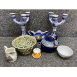 Delft style pair of Portuguese pottery candelabra’s also includes teapot, bowls etc