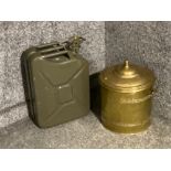 A 20L Jerry can and a brass coal bucket with lid