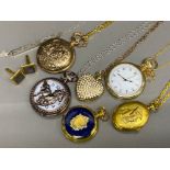 Total of 6 gilt metal pocket watches, also includes costume necklace & cufflinks