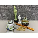 Tray of mixed oriental style Items including soapstone ornament, wooden flute & cloisonné teapot