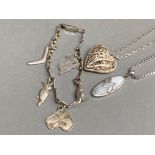 3 x silver items includes moonstone style pendant & filigree heart pendants both on chains & a charm