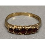 9ct yellow gold 5 stone garnet ring, 2g, size Q1/2