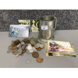 English pewter 21st birthday tankard containing a large quantity of miscellaneous British coinage (