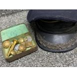 Black felt Military/Naval cap, Oak leaves on peak, vintage tin of military buttons etc