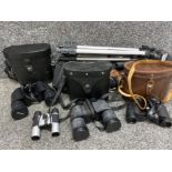 Box containing 3 pairs of vintage binoculars all with original cases together with a vanguard camera