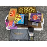 Large amount of games including dominoes, chess boards, playing cards, crib boards & set of darts