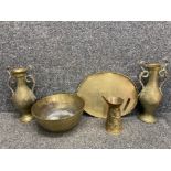 Brass items to include a Chinese bowl, pair of two handled vases, and oval tray etc