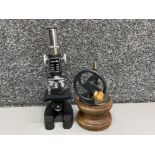 Vintage coffee grinder & Janik 3 lens microscope