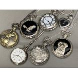 Total of 7 metal novelty pocket watches, all with chains