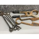 Total of 6 metal branding irons together with sheep shears & clamp