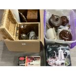 Household crockery, glass coffee makers, silver plated coffee set etc in two boxes