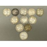 Total of 11 King George V silver 3d coins with mixed dates ranging from 1914 to 1920