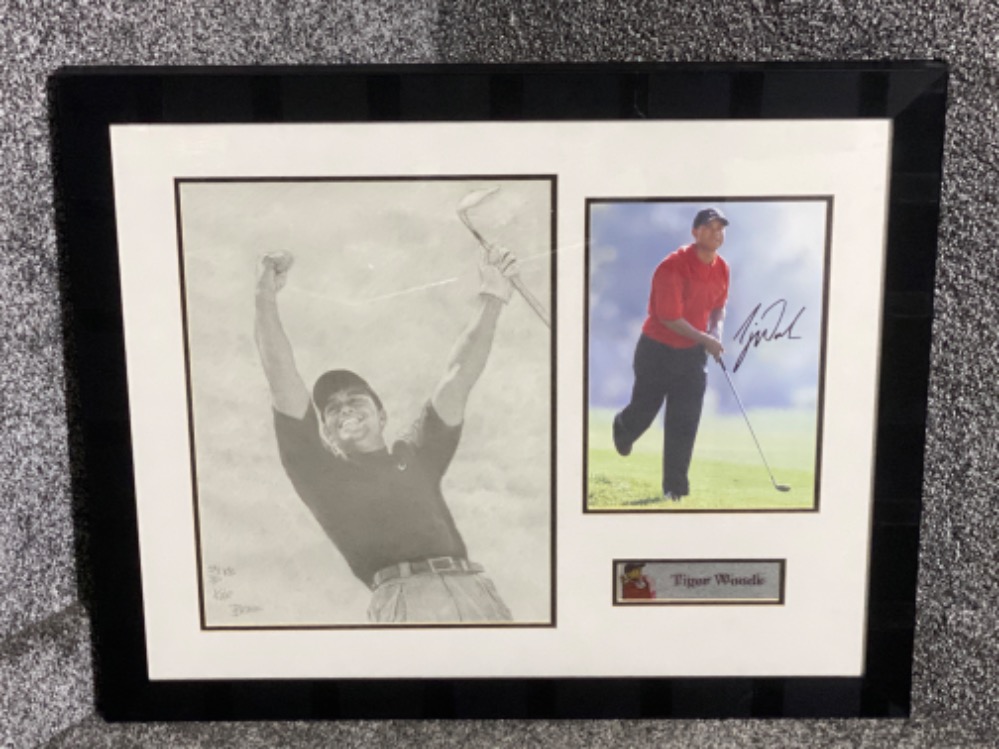 Framed golf photo-Montage comprising of A Tiger Woods photograph signed by the man himself