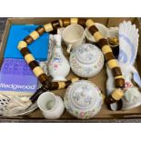 Good tray of pottery & porcelain items including studio pottery, Royal Worcester jars & covers,