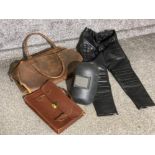 Vintage Brown leather carry bag & case together with wilders protective mask & ladies black