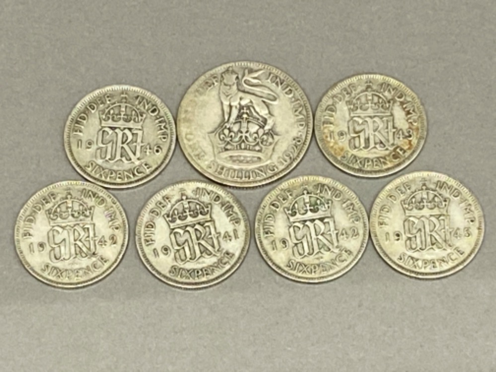 6x silver sixpence coins dates range from 1941 to 1946 also includes the 1928 one shilling coin