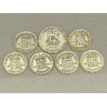 6x silver sixpence coins dates range from 1941 to 1946 also includes the 1928 one shilling coin
