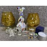 Job lot of mixed glassware including 2x large brandy glasses, animals & Murano style vase etc