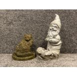 2 x garden stone ornaments, gnome and cat