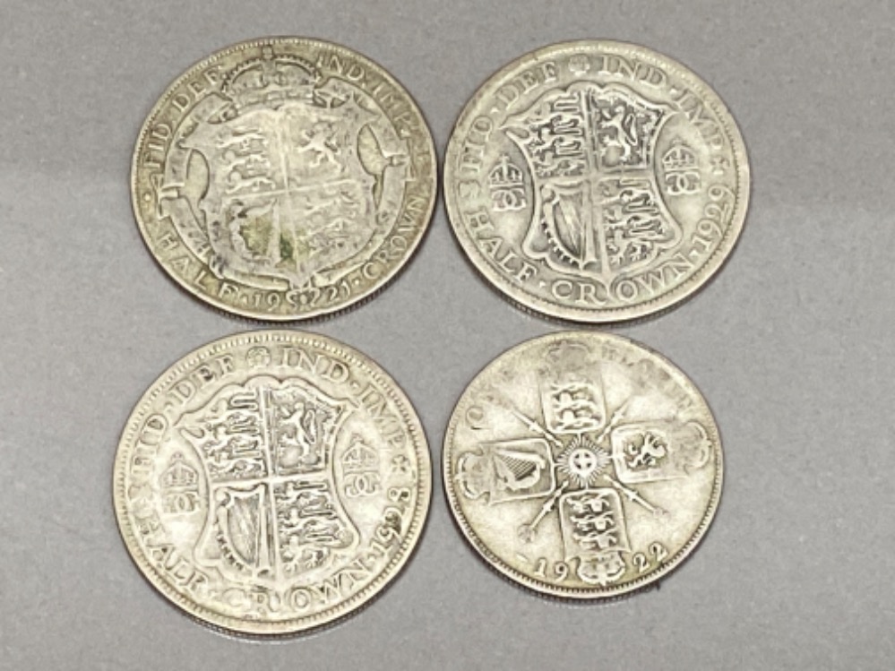 Total of 4 coins include 3x George V silver half crown coins dated 1921, 1928 & 1929, also